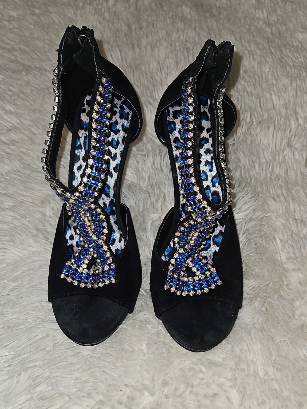 Two Lips Black Jeweled Strap Women’s Heels with Blue Accent